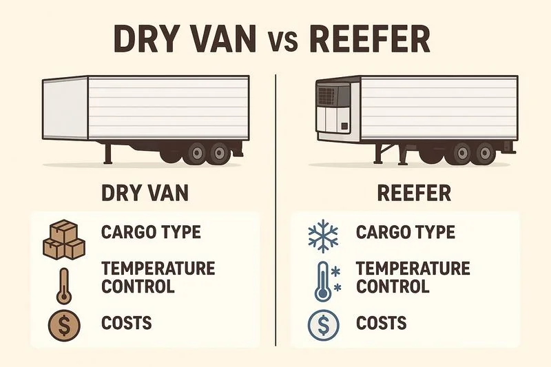 Infographic comparing dry van and reefer trailers, showing differences in cargo type, temperature control, and costs.
