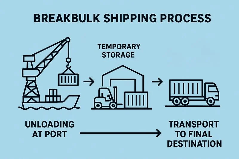Infographic showing the breakbulk shipping process from port unloading to transport to final destination.
