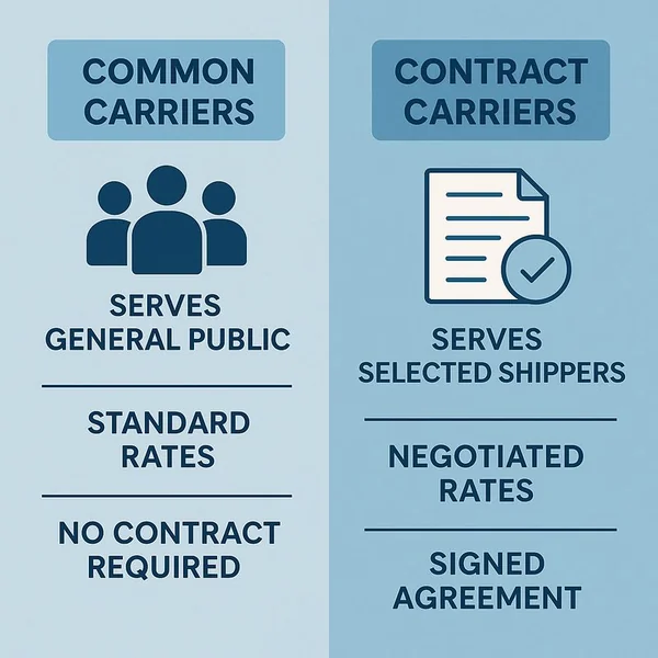 Infographic illustrating the differences between common carriers and contract carriers in logistics, including service type and pricing.