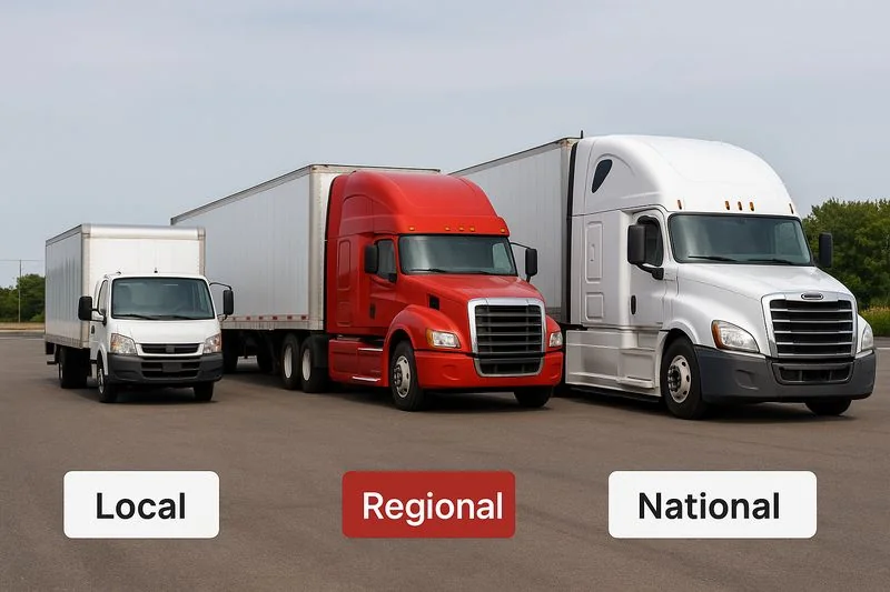 Photo showing different freight trucks representing local, regional, and national carriers with varying fleet sizes and service coverage.