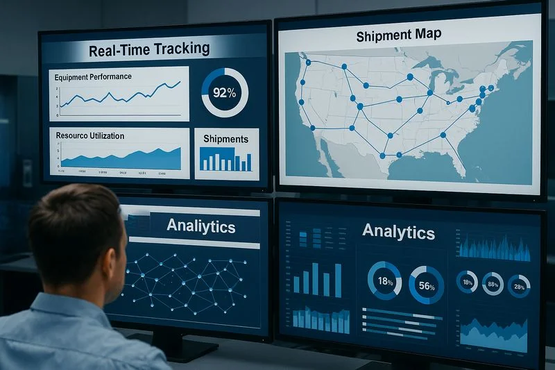 Real-time tracking dashboard showing equipment status, shipments, and analytics for oil and gas operations.