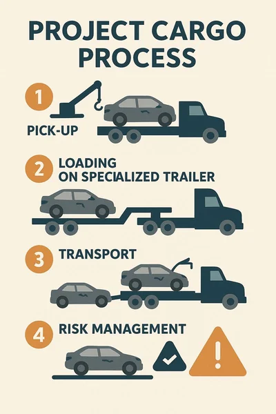 Infographic illustrating the steps in project cargo logistics for shipping salvage cars, from pick-up to delivery