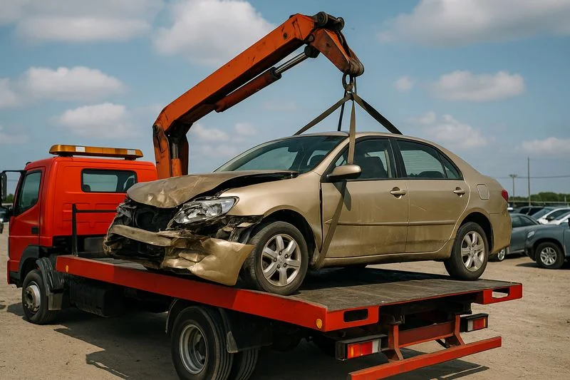 Salvage car being loaded onto a flatbed truck with crane at a transport yard for project cargo shipment
