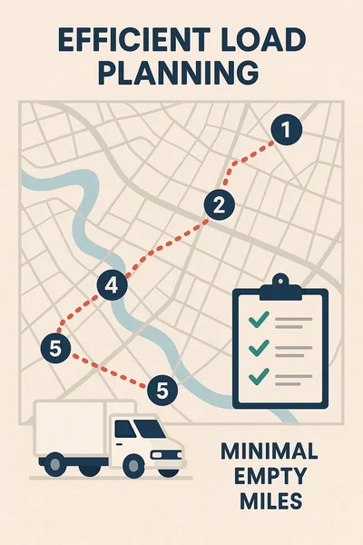 Infographic illustrating efficient vehicle load planning, optimized routes, and reduced empty miles in auto transport.
