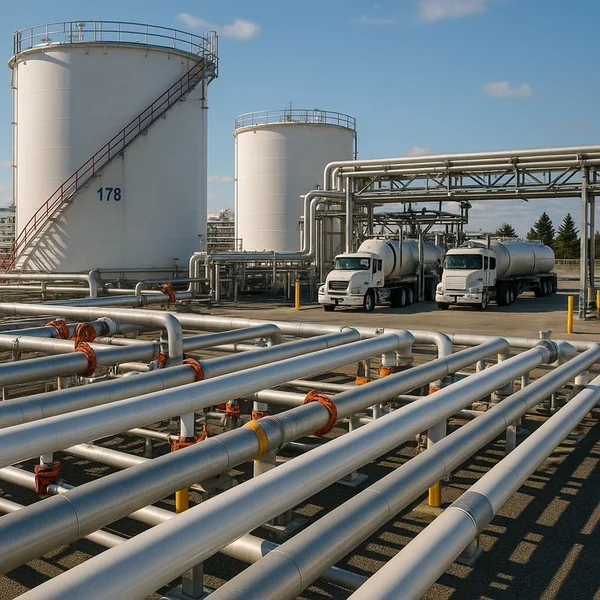 Midstream transportation facility with pipelines, storage tanks, and trucks illustrating complex logistics operations.