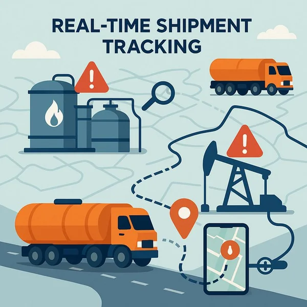 Infographic illustrating real-time tracking of oil and gas shipments with routes, terminals, and alert notifications for potential delays.