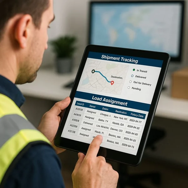 Logistics professional using a Transportation Management System to track vehicle deliveries and assign loads.