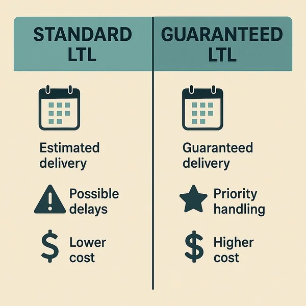 Infographic comparing standard LTL and guaranteed LTL shipping, highlighting delivery estimates, delays, and priority handling.