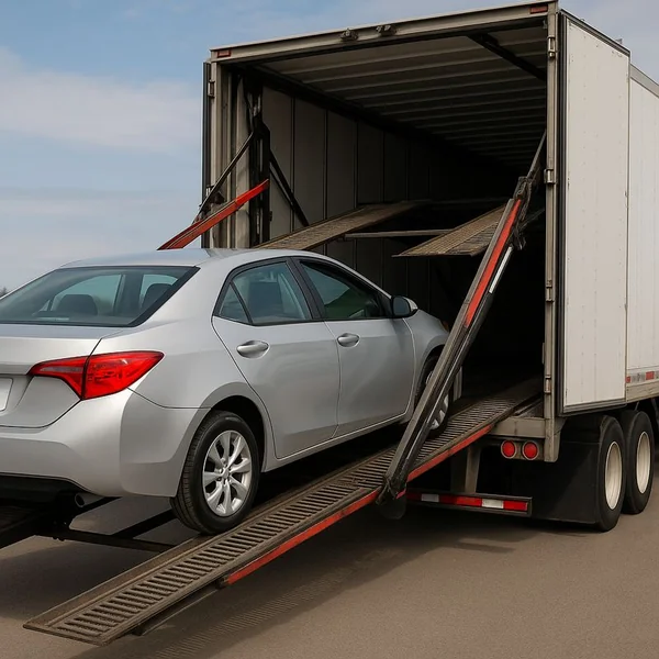Photo of a vehicle being loaded onto an LTL freight truck, illustrating guaranteed delivery for auction or dealership shipments.