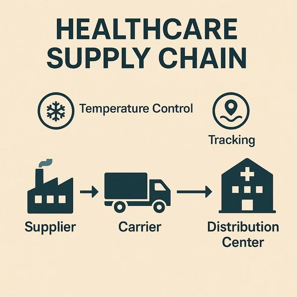 Diagram showing the healthcare shipping supply chain from supplier to final delivery, highlighting coordination, temperature control, and tracking.
