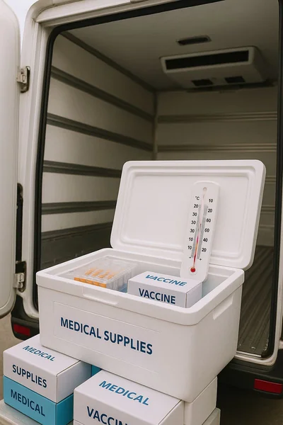 Photo of medical supplies in a refrigerated transport container showing temperature-controlled shipping for sensitive healthcare products.