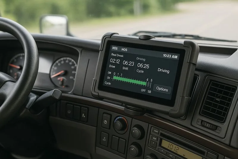 Truck dashboard with electronic logging device (ELD) displaying driving hours and route information.