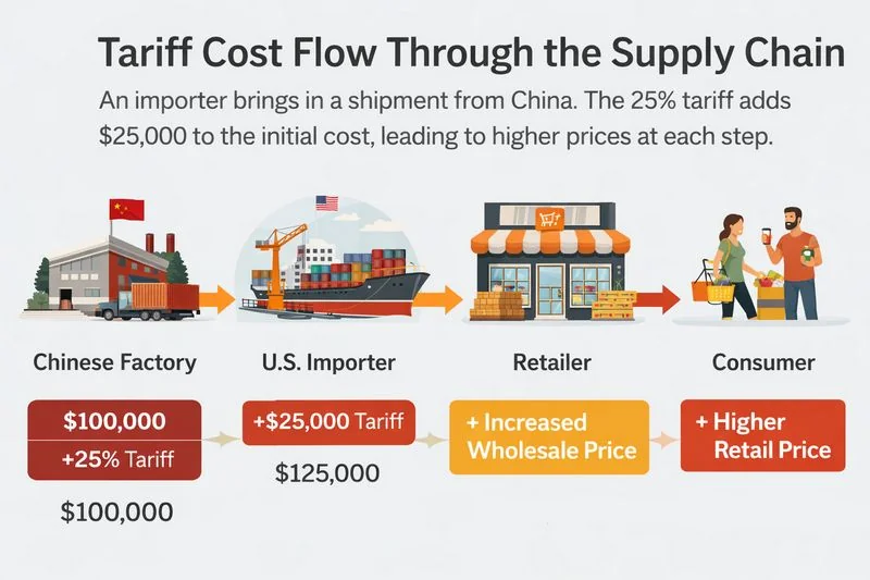 Infographic showing how US tariffs on Chinese goods increase costs from importer to consumer.