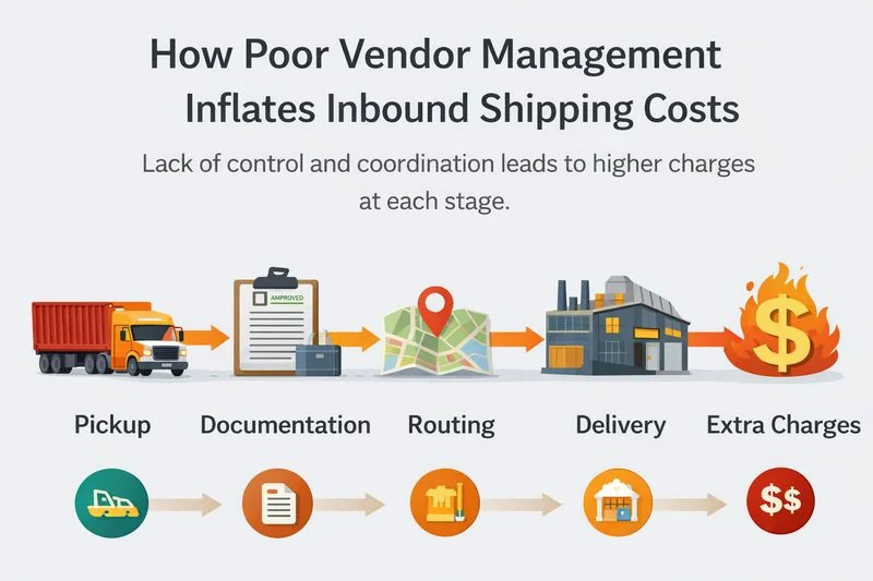 Infographic illustrating how poor vendor management increases inbound shipping costs step by step.