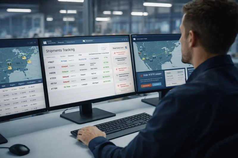 Photo of a logistics dashboard displaying real-time shipment tracking to improve vendor management and reduce costs.
