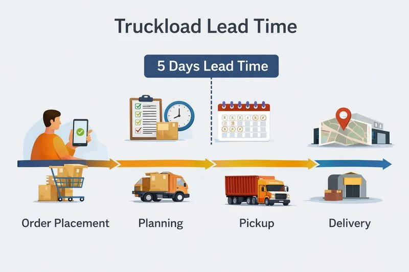 Diagram illustrating truckload lead time from order placement to pickup and delivery, showing the planning window in days.