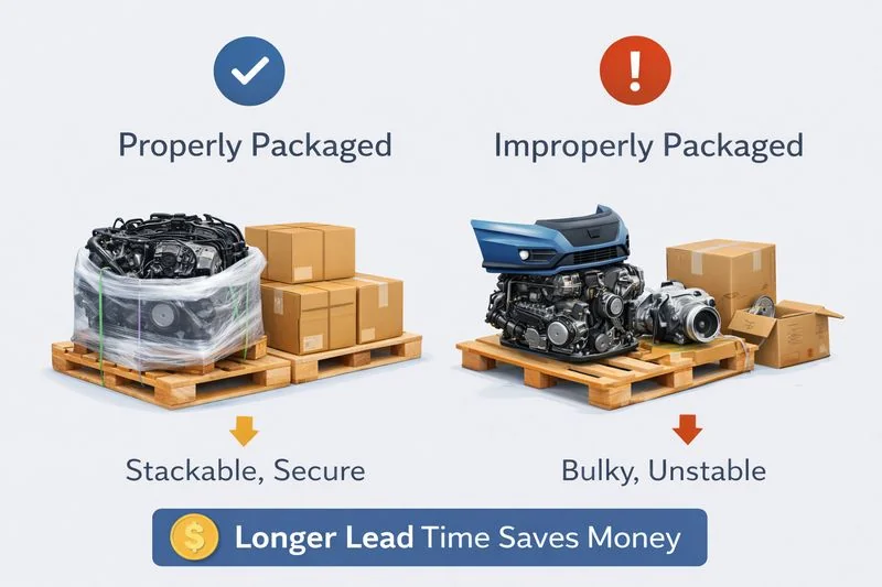 Illustration comparing well-packaged and poorly packaged auto parts for LTL shipping, showing impact on handling and efficiency.