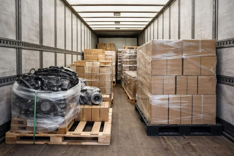 Photo of an LTL truck partially loaded with pallets of auto parts and cargo, illustrating shared truck space.