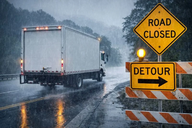 Delivery truck taking an alternate route in bad weather to illustrate resilient supply chain planning.
