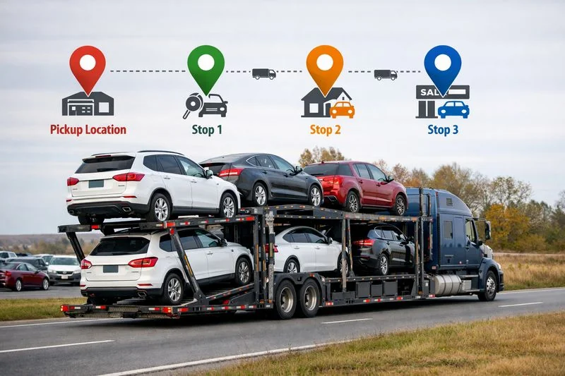 Photo of a car transport truck carrying multiple vehicles, illustrating a multi-stop truckload shipping route.