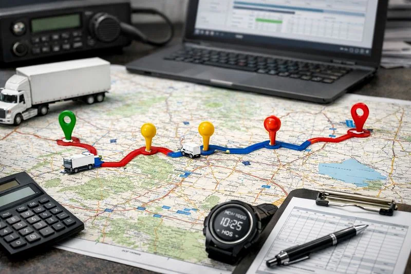 Map showing a truck route with multiple pickup and delivery points, illustrating careful multi-stop planning to reduce costs.