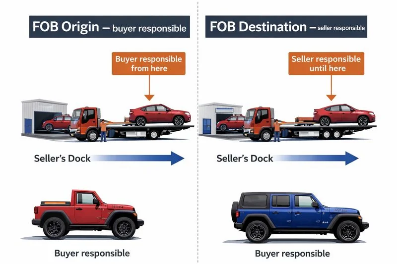 Diagram illustrating FOB Origin vs FOB Destination showing when responsibility for a shipment transfers from seller to buyer.