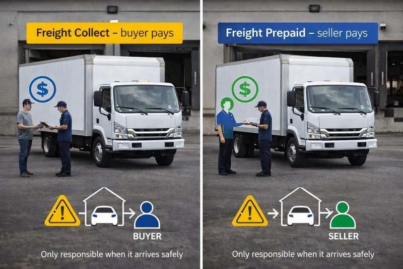 Infographic showing the difference between freight collect and freight prepaid, highlighting who pays shipping and who is responsible for cargo