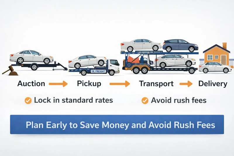 Diagram showing the car shipping process from auction to delivery, emphasizing early planning to reduce costs.