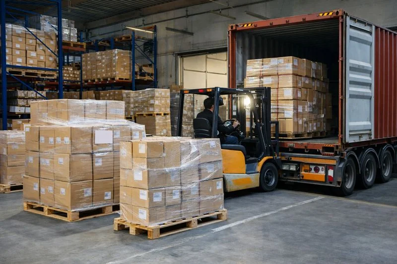 Workers loading multiple small shipments into a sea container at a consolidation warehouse for LCL shipping.