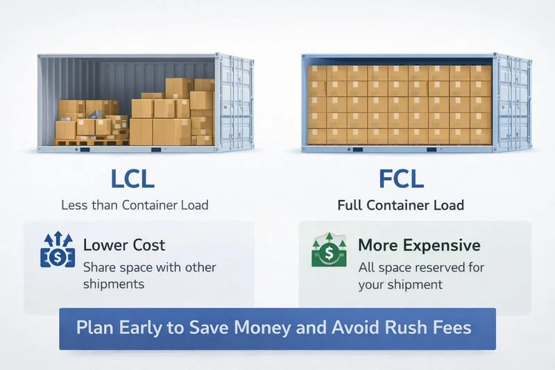 Infographic comparing LCL and FCL shipping, showing a partially filled container versus a fully loaded container and the cost differences.