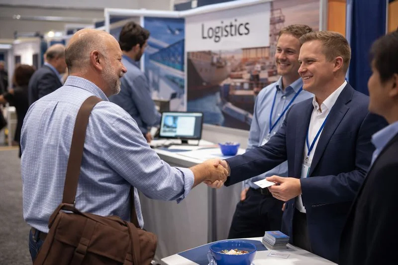 Small business owner networking with logistics professionals at a supply chain conference.