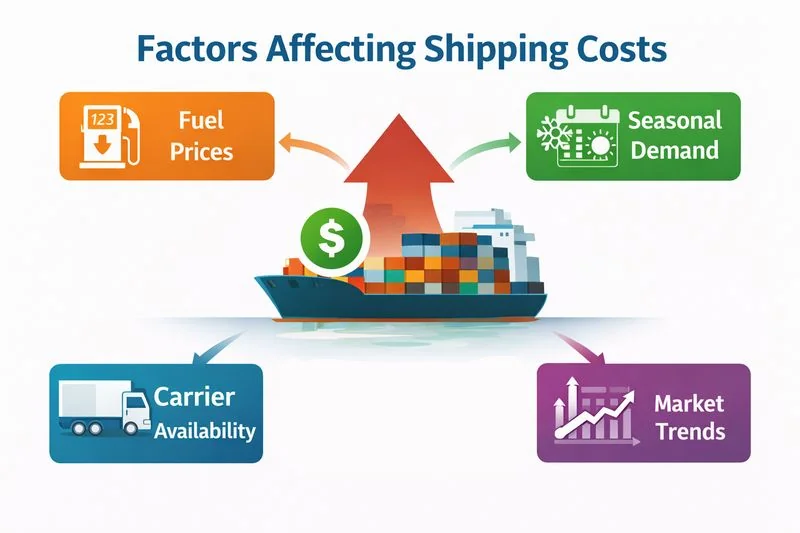 Infographic showing key factors that influence auto shipping costs, including fuel, seasonality, and carrier availability.