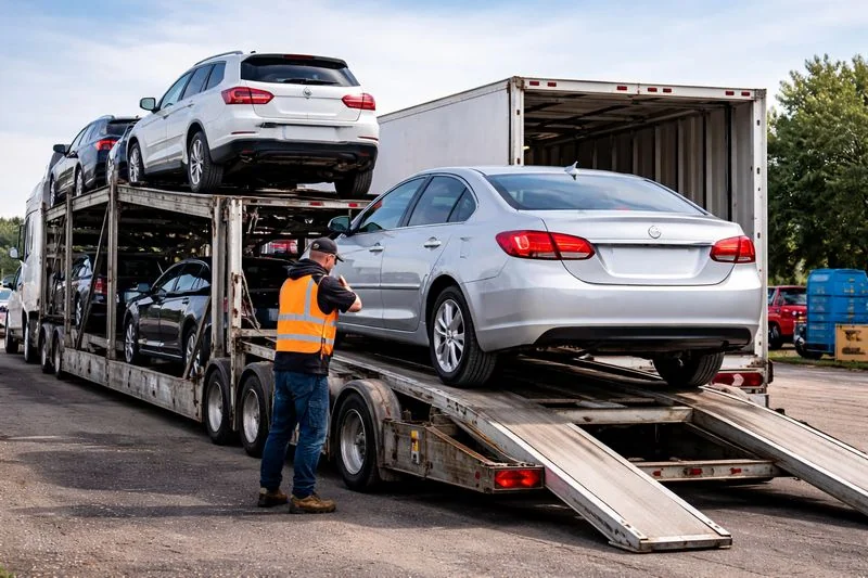 Car being loaded onto an open transport truck at a shipping yard for cross-country shipment