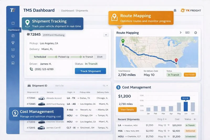 Infographic of a Transportation Management System dashboard showing shipment tracking, route optimization, and cost management