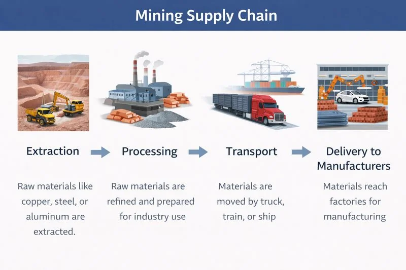 Diagram illustrating the mining supply chain from extraction and processing to transport and delivery to manufacturers.