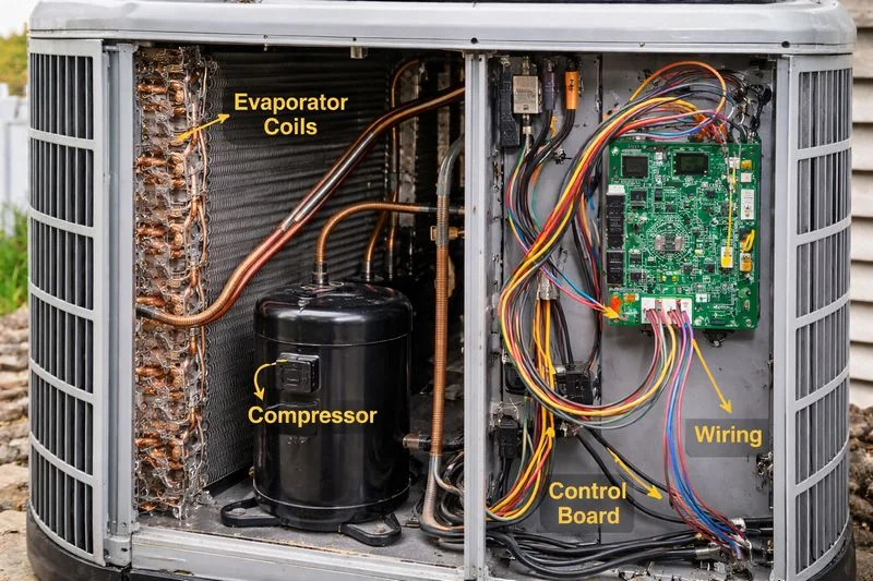 Open HVAC unit showing internal coils, compressor, wiring, and control board to illustrate delicate components.
