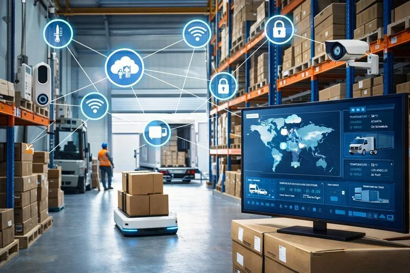 Modern warehouse with IoT devices, sensors, and digital screens illustrating logistics cybersecurity in action.