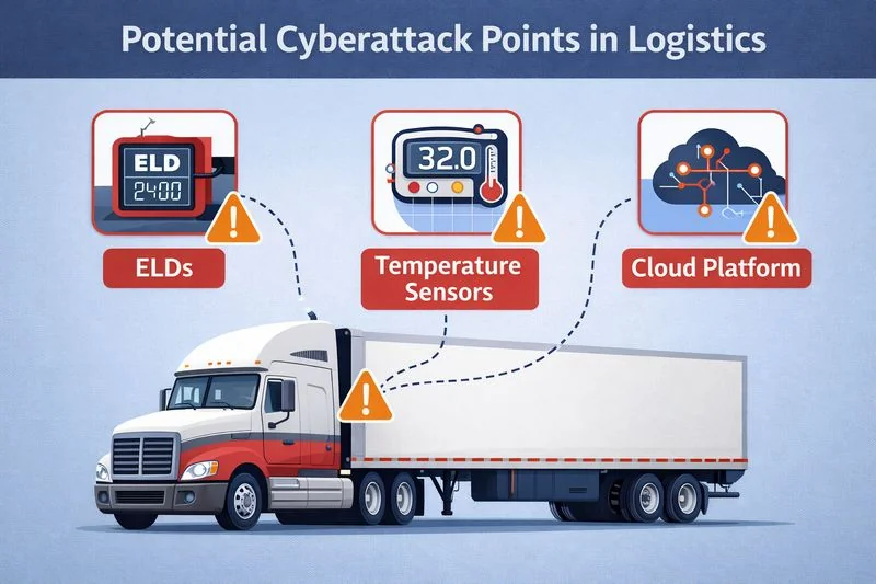Infographic showing a connected delivery truck with IoT sensors and cloud systems, highlighting risks of cyberattacks on shipments.