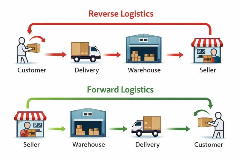 Diagram comparing forward logistics and reverse logistics flow in the supply chain.