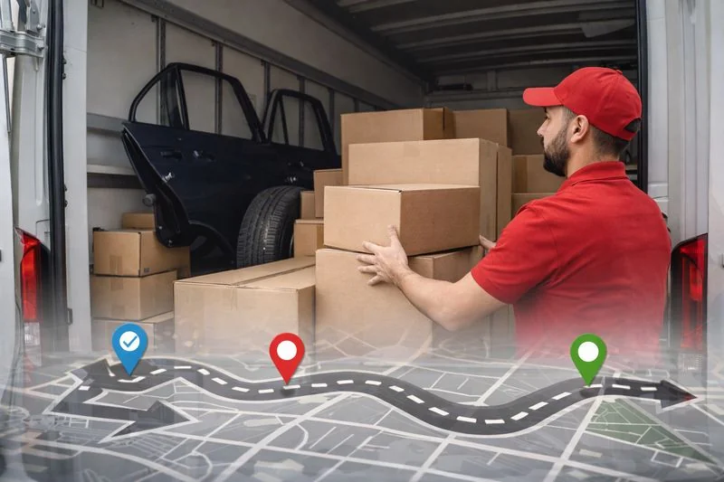 Delivery truck being loaded with multiple returns to illustrate efficient reverse logistics planning.