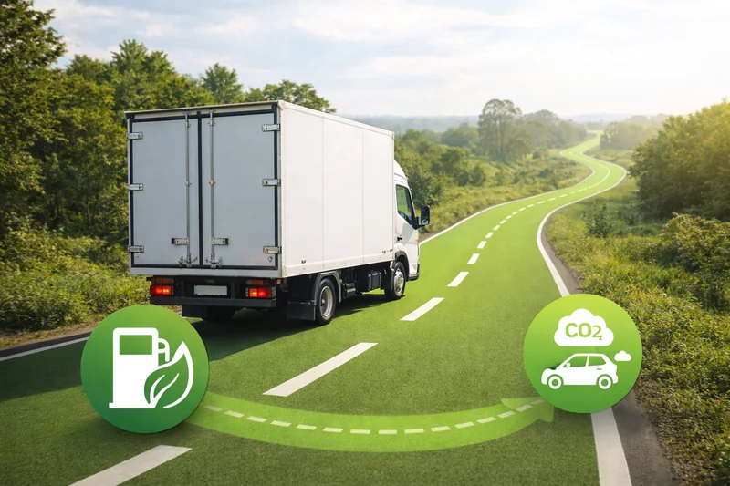 Delivery truck driving on a route symbolizing sustainable logistics with low emissions and fuel savings.