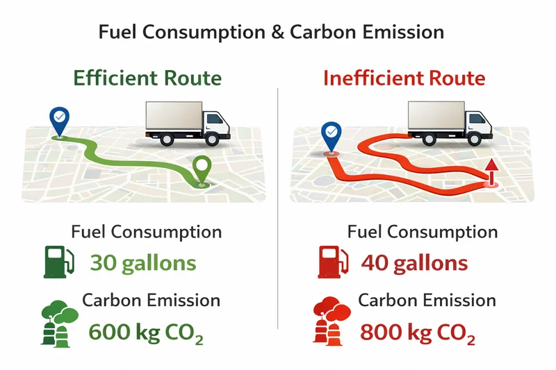 Infographic comparing fuel use and emissions of efficient and inefficient truck routes.