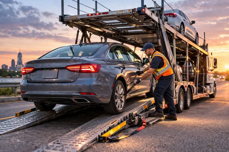 Photo of a car being securely loaded onto an open transport truck, illustrating reliable auto shipping.