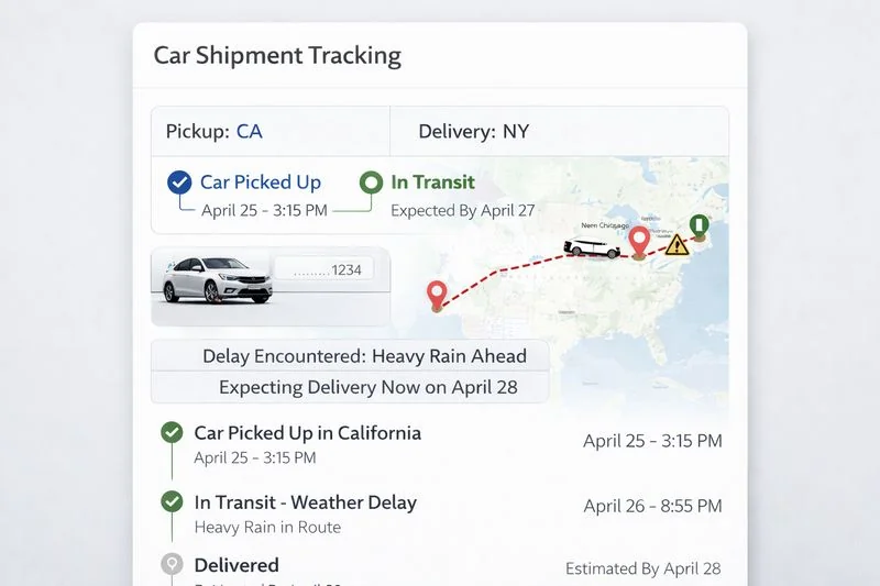 Screenshot of a car shipping tracking dashboard showing real-time updates and estimated delivery times for better customer experience.