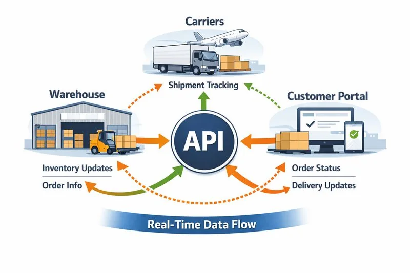 Diagram illustrating real-time data flow between warehouses, carriers, and customer systems using an API.