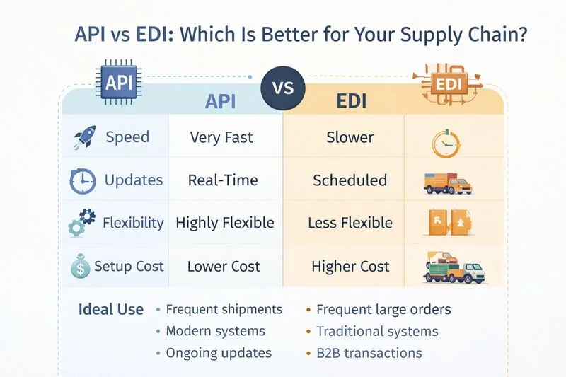 Infographic comparing API and EDI in supply chains, showing differences in speed, real-time updates, flexibility, and cost.