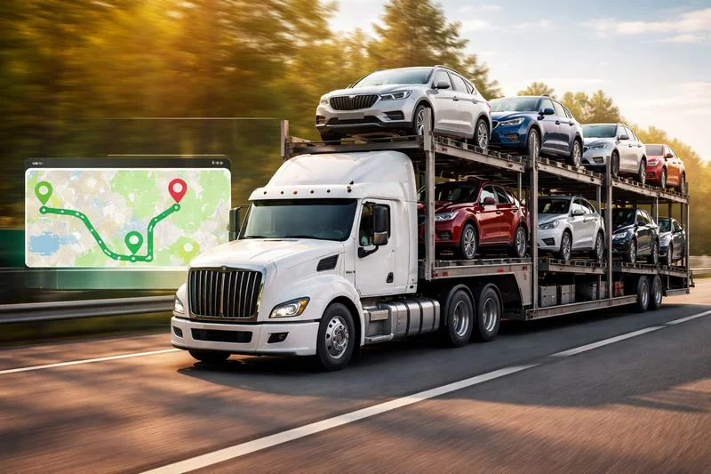 Delivery truck carrying multiple car shipments, demonstrating efficient route planning for sustainability.