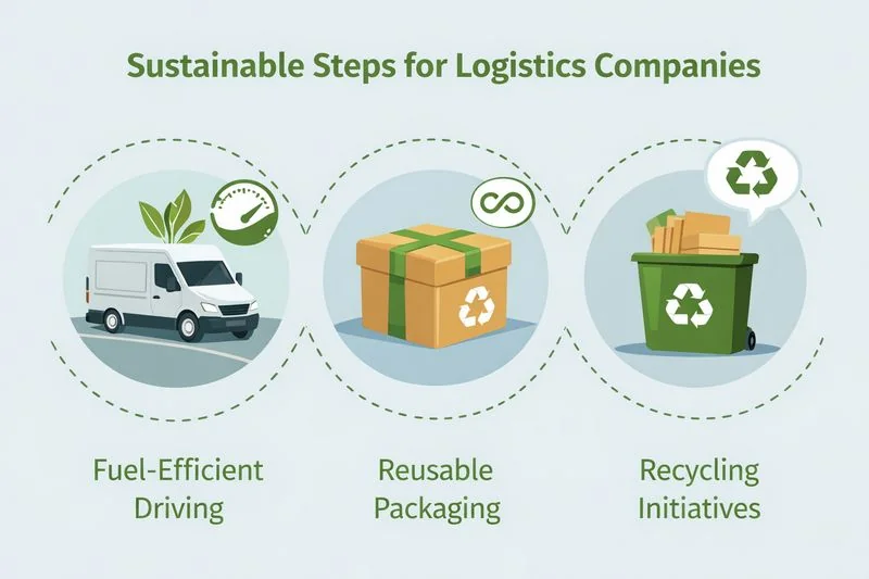 Infographic illustrating eco-friendly practices for logistics, including fuel-efficient driving, reusable packaging, and recycling.