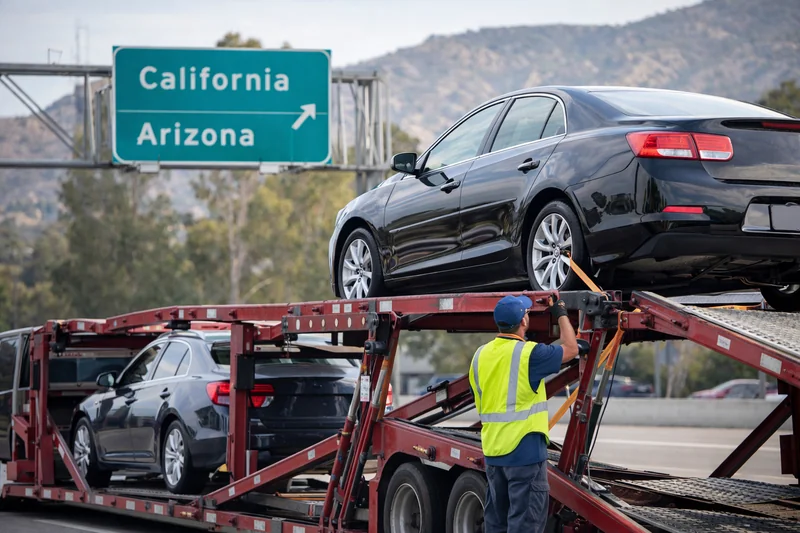 Photo showing a car on a transport trailer being loaded or unloaded, highlighting cross-state shipping for individual buyers.