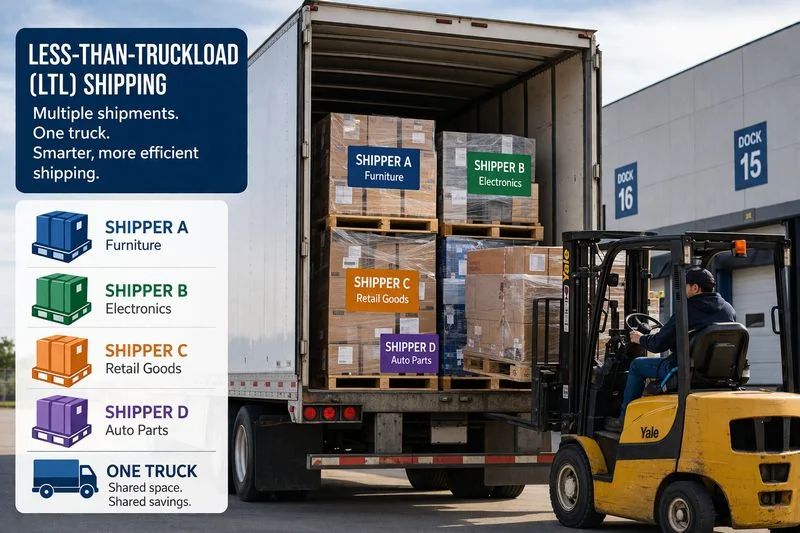 Photo of a truck being loaded with multiple pallets from different businesses for LTL shipping.